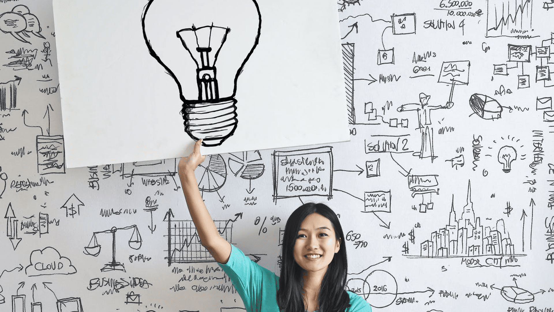 stock image showing a woman holding a lightbulb illustration with a bunch of components of why a good marketing strategy takes time behind her on a white board