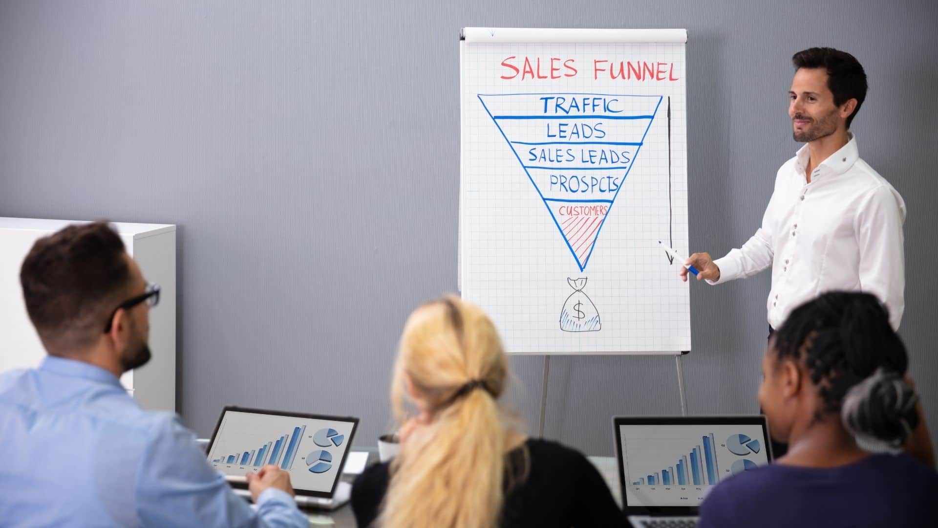 vector graphic showing a man presenting a sales funnel in a meeting with 3 coworkers